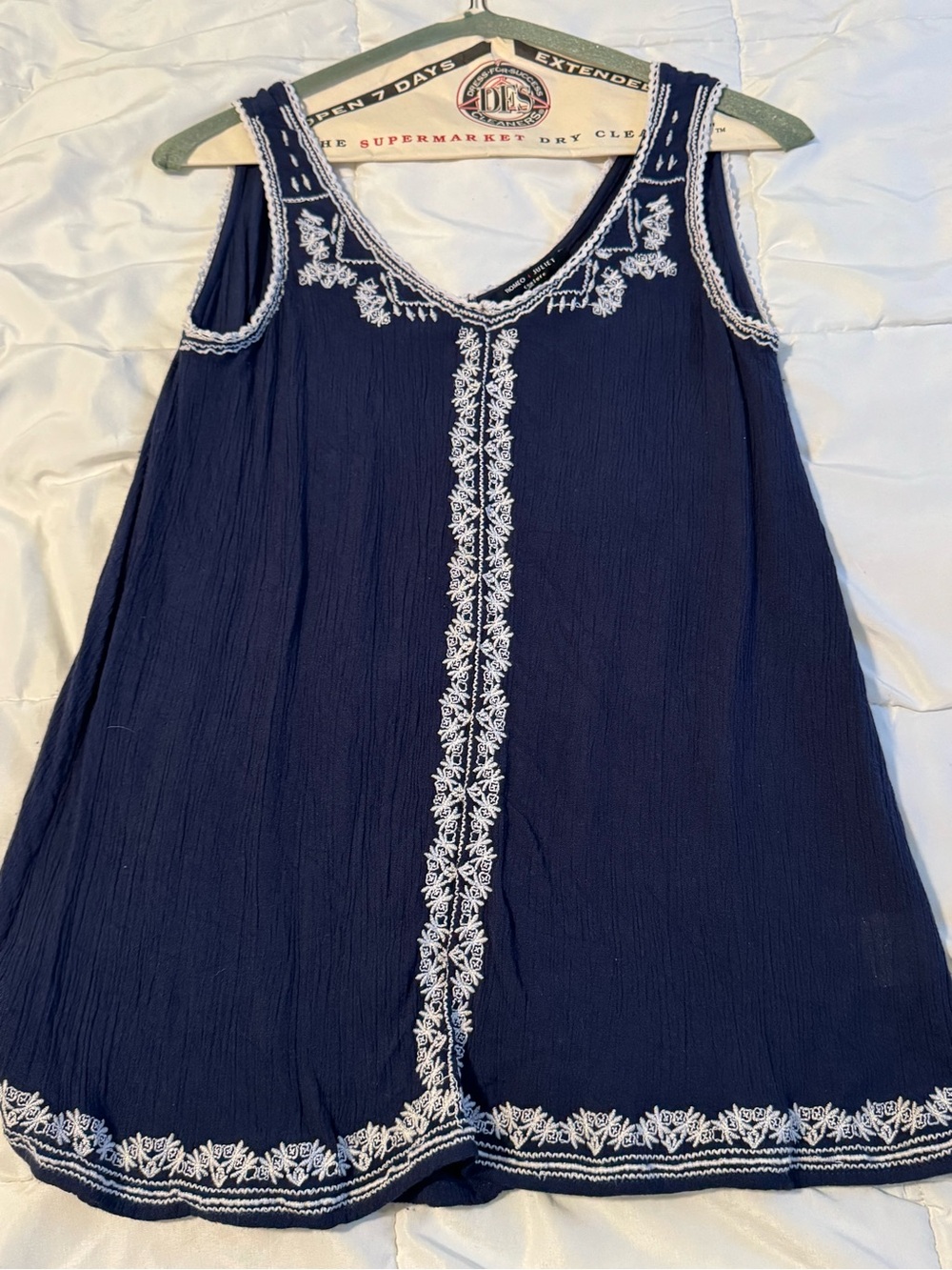 Romeo & Juliet Couture Navy Tank Top with White Embroidery